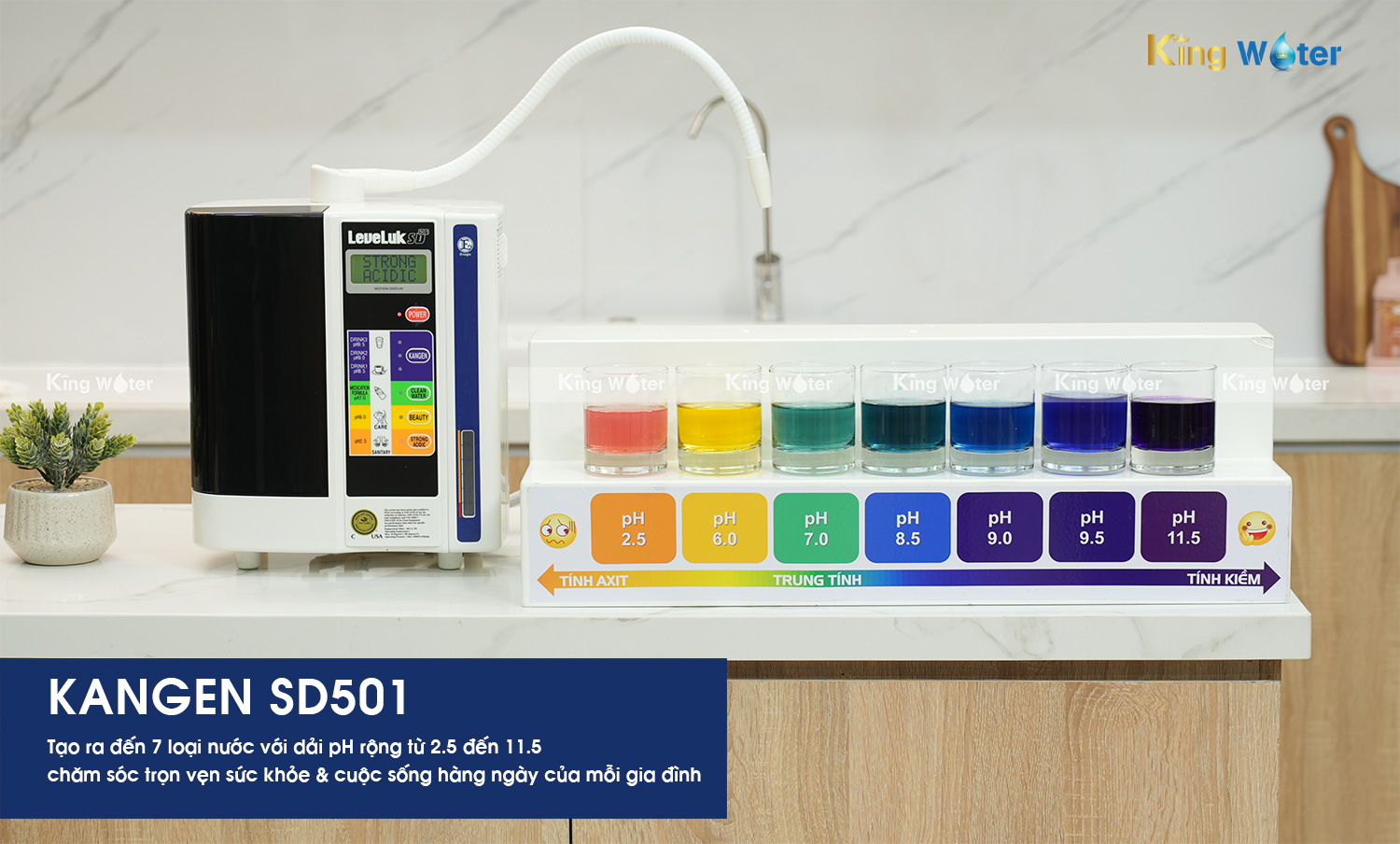 Kangen SD501 tạo ra 7 loại nước với dải pH từ 2.5 đến 11.5