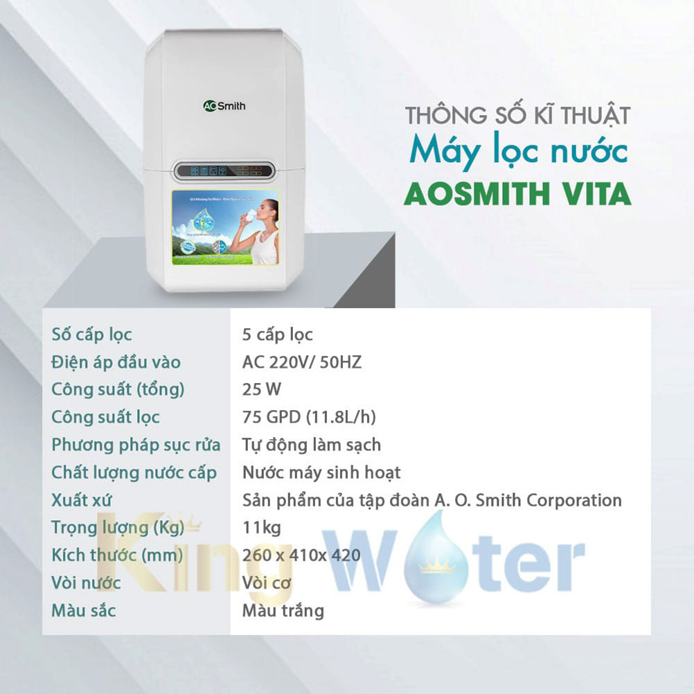 Thông số kĩ thuật máy lọc nước Aosmith Vita