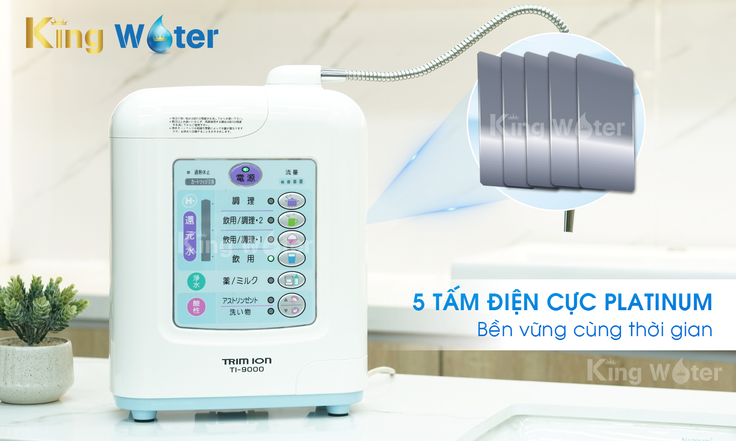 Trang bị 5 tấm điện cực Titan phủ Platinum cao cấp